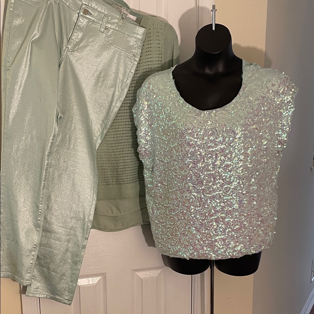 Sequin Embellished Top in Iridescent Mint Green w/Matching Jeans for Holiday 14